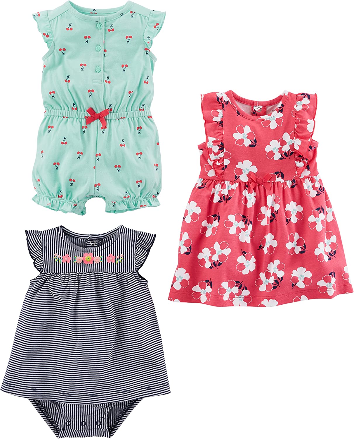 230816074414138_1 Simple Joys by Carter's Baby Girls' Romper, Sunsuit and Dress, Pack of 3 - Image 1